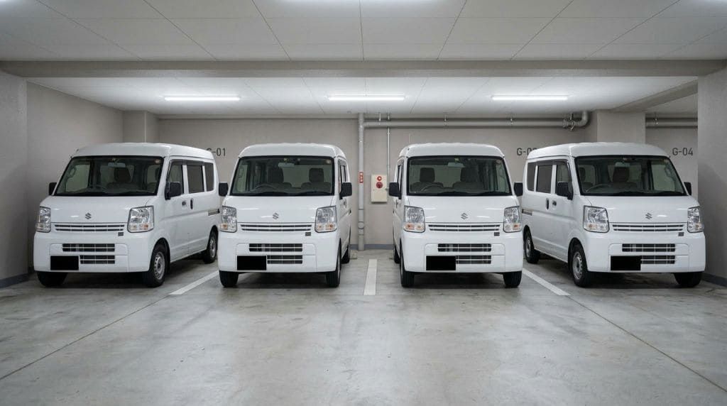 軽バン4台並び・社有車